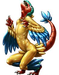 1boy archeops archeops_(cosplay) bodysuit claws cosplay costume erection fangs feathers fursuit kemono_inukai latex male male_only nipples penis pokemon pokemon_(cosplay) shiny simple_background skin_tight solo what wings