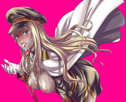 blonde_hair blush breasts cape clothing cum cum_in_mouth cum_on_body cum_on_breasts cum_on_upper_body cumdrip facial female gloves hat large_breasts long_hair lydia_agthe military military_uniform nipples open_mouth purple_eyes solo sweat tongue uniform valkyria_chronicles valkyria_chronicles_3 white_gloves yuzuki-n