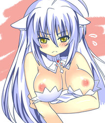 1girls animal_ears bare_shoulders blush breasts cat_ears dog_days female large_breasts leonmitchelli_galette_des_rois long_hair nipples pointy_chin solo white_hair yellow_eyes