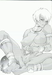 ball_and_chain barefoot breasts chains dark-skinned_female dark_skin doujinshi elena_(street_fighter) feet jewelry large_breasts lips monochrome muscle nipples pierre_norano pussy shackles short_hair soles street_fighter street_fighter_iii toes toluene_ittokan white_hair