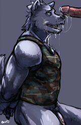 anthro bondage boulevard camo canine cum erection facial_cumshot flaccid fur furry furry_only gay male muscles no_humans penis pubic_hair tank_top wolf