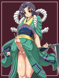 1boy androgynous black_hair blush brown_eyes censored cowboy_shot crossdressing erection femboy feminine_male foreskin girly highres human hung_trap japanese_clothes japanese_text kamatari_honjo kimono male male_only otoko_no_ko pale-skinned_male pale_skin penis precum presenting rurouni_kenshin sash shiny short_hair shounen_jump solo sweat testicles thick_thighs trap villainess wide_hips yukimaru_(gojo)