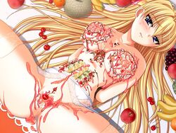 blonde_hair candy censored cherry desert dessert food frosting fruit hands_tied icing nyotaimori pussy vore whipped_cream