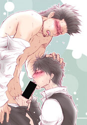 blush censored fellatio gintama hijikata_toshiro kondou_isao kumi_(pixiv) licking male open_clothes open_shirt oral penis shirt undressing unzipped vest yaoi