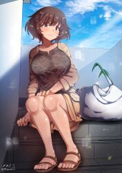 1girls akiyama_yukari aquaegg blush breasts brown_eyes brown_hair camouflage_shirt closed_mouth female girls_und_panzer large_breasts legs_together looking_at_viewer outdoors short_hair sitting skirt solo