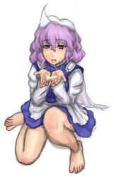 barefoot blush cum cum_in_mouth face feet hands highres kneeling kuro_suto_sukii legs letty_whiterock long_hair purple_eyes purple_hair solo tear touhou