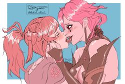 2girls arm_around_neck artist_kiwi black_lips black_lipstick black_nails blue_background breasts cleavage closed_eyes drooling elbow_gloves female female_only fingerless_gloves fire_emblem fire_emblem:_three_houses fire_emblem_heroes french_kiss gloves hand_on_another's_face hug kronya_(fire_emblem) lipstick medium_breasts medium_hair monochrome multiple_girls nail_polish nintendo reginn_(fire_emblem) saliva saliva_trail short_hair sideboob smile tongue tongue_out yuri