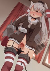 amatsukaze_(kantai_collection) black_panties blush brown_eyes censored female garter_straps highres invisible_penis kantai_collection long_hair magic_penis one_eye_closed panties panty_pull penis personification pussy sex silver_hair skirt skirt_lift striped striped_legwear tachimi_(basue) thighhighs tied_hair twintails underwear vaginal_penetration wink