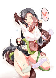 belt black_eyes black_hair boots elbow_gloves erect_nipples female final_fantasy final_fantasy_vii fingerless_gloves gloves highres long_hair miniskirt one_closed_eyes panties pantyshot rape romen sitting skin_tight skirt smooth_skin suspenders tank_top tentacle tentacle_rape tifa_lockhart underwear wet_clothes wet_shirt white_panties wink