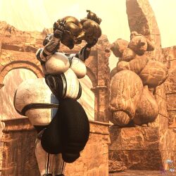 3d 3d_(artwork) bottom_heavy futanari hyper hyper_ass hyper_balls hyper_genitalia hyper_penis liara_t'soni mass_effect overweight renrenrew skin_tight