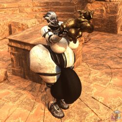 3d 3d_(artwork) bottom_heavy futanari hyper hyper_ass hyper_balls hyper_genitalia hyper_penis liara_t'soni mass_effect overweight renrenrew skin_tight