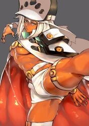 1girls abs action_pose belt big_breasts blonde_hair breast breasts cape dark-skinned_female dark_skin female_only fighting_stance guilty_gear guilty_gear_xrd hat kicking large_breasts long_hair looking_at_viewer micro_shorts o-ring o-ring_top orange_eyes parted_lips platinum_blonde_hair ramlethal_valentine shiny_skin short_shorts shorts solo standing_on_one_leg stomach thigh_strap toned_female underboob unizama