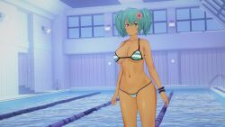 16:9 1girls 3d before_sex big_breasts bikini breasts female female_focus green_hair ikkitousen indoors large_breasts looking_at_viewer medium_hair open_eyes ponytail pool ryofu_housen solo solo_female solo_focus standing striped_bikini striped_panties water