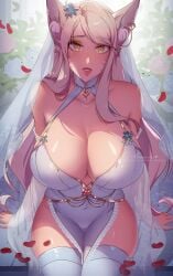 1girls 9_tails absurd_res ahri big_breasts blonde_hair breasts bridal_gauntlets bride cleavage female female_only himmely huge_breasts k/da_ahri k/da_series league_of_legends light-skinned_female looking_at_viewer nine_tailed_fox pov thick_thighs thighhighs vastaya wedding wedding_dress wide_hips