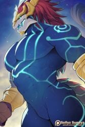 abs anthro aurelion_sol biceps bioluminescence blue_body blue_eyes digital_media_(artwork) dragon featureless_crotch glowing hair league_of_legends looking_at_viewer male male_only muscular muscular_anthro muscular_male muscular_thighs nude patreon patreon_logo patreon_username pecs pose red_hair riot_games scalie serratus sollyz solo solo_male star tail text triceps url