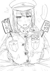 ... 1boy 1girls 2020 alternate_breast_size asian asian_female big_breasts blush breasts cum cum_between_breasts ejaculation_between_breasts engulfing_paizuri female hat higuchi_kaede huge_breasts japanese_text kaiman_garupan large_breasts long_hair looking_at_viewer male military_uniform monochrome nijisanji paizuri paizuri_lead_by_female paizuri_on_lap paizuri_under_clothes ponytail pov pov_eye_contact pov_paizuri straight sweat sweatdrop text tomboy translation_request virtual_youtuber