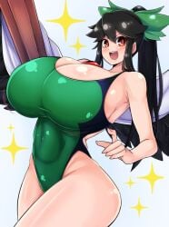 1girls big_breasts black_hair cleavage happy huge_breasts norori ponytail swimsuit thick_thighs touhou utsuho_reiuji wings