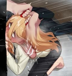 1boy absurdres all_the_way_to_the_base balls_deep bar_censor barefoot black_necktie black_pants blonde_hair censored chainsaw_man crying crying_with_eyes_open deepthroat denji_(chainsaw_man) erection face_fucking facefuck feet fellatio female forced forced_oral handlebars highres horn_grab horns huge_cock irrumatio irrumatio_handles long_sleeves mizumizuni necktie oral orange_eyes pants penis power_(chainsaw_man) rape red_horns saliva secretly_loves_it shirt solo_focus squatting stomach_bulge straight tears veins veiny_penis white_shirt x-ray