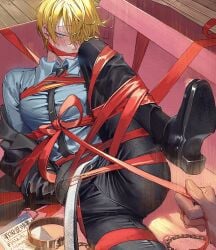 arms_behind_back blonde_hair blue_eyes blush bondage collar fully_clothed gag gagged hair_over_one_eye male male_only male_pov nori31291404 one_piece open_jacket pov ribbon_bondage roronoa_zoro sofa solo_focus suit sword vinsmoke_sanji