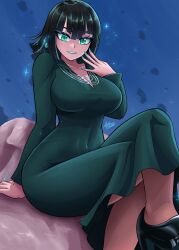 ara_ara ax3lbravo axlhearts big_breasts big_eyes black_hair blue_sky clothed dress earrings eyeshadow fubuki_(one-punch_man) fully_clothed green_dress green_eyes green_eyeshadow green_fingernails green_hair green_lipstick high_heels hourglass_figure leather_boots lipstick looking_at_viewer magic mascara multiple_necklaces necklace one-punch_man painted_nails pleased short_hair sitting stars