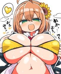 1girls :d ahoge belly big_breasts bikini bikini_top blush blushing_at_viewer breast_squeeze breasts brown_hair cleavage cleavage_overflow clothed eyebrows eyebrows_visible_through_hair eyelashes eyes_half_open female female_only front_view green_eyes hair_between_eyes half-closed_eyes honma_himawari jacket japanese_text kanikama large_breasts large_nipples looking_at_viewer looking_pleasured navel nijisanji nipple_bulge nipples open_clothes open_jacket open_mouth school_uniform schoolgirl short_hair simple_background standing sunflower sweat sweating text uniform upper_body upper_teeth virtual_youtuber white_background