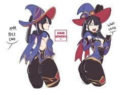 ass ass_focus black_hair dialogue digital_drawing_(artwork) digital_media_(artwork) flirting genshin_impact kamii_momoru leggings mona_(genshin_impact) video_games white_skin white_skinned_female witch_costume witch_hat