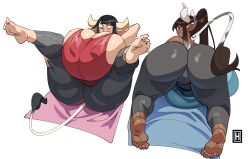 2girls all_fours ass barefoot bent_legs black_hair blush brown_hair cow_ears cow_girl cow_horns cow_tail dark-skinned_female dark_skin feet female female_only giant_ass giant_breasts horns huge_breasts legs_up light-skinned_female light_skin long_hair lying lying_on_back monster_girl nipple_bulge one_eye_closed ponytail rida_(thehelmetguy) stretching tail tail_tuft tank_top tanya_(thehelmetguy) thehelmetguy thick_thighs very_high_resolution white_background yoga yoga_mat yoga_pants