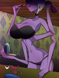 1girls 4_arms big_breasts black_bra black_collar black_panties black_underwear breasts collar comb female_valentino_(hazbin_hotel) gray_hair hazbin_hotel lipstick makeup mole mole_under_eye purple_body purple_skin red_lipstick rule_63 tagme usagi_star valentino_(hazbin_hotel) vivienne_medrano vivziepop watermark