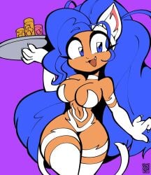 2023 big_breasts blue_eyes blue_hair capcom cat_ears cat_girl cat_tail cleavage darkstalkers fang felicia_(darkstalkers) hourglass_figure jek_korpen large_breasts long_blue_hair long_hair looking_at_viewer serving_tray thick_thighs