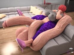 3d 3d_(artwork) big_breasts bimbo bimbo_lips extremely_long_penis futanari gynomorph hair_covering_eyes hyper hyper_balls hyper_bimbo hyper_feet hyper_penis king_of_fighters long_penis precum renrenrew shermie_(kof) sitting_on_couch very_long_penis