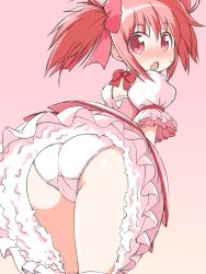 2d ass ass_focus back_of_thighs big_eyes butt_focus embarrassed embarrassed_female female female_focus female_only human human_only innocent looking_back looking_back_at_viewer madoka_kaname magical_girl magical_girl_outfit mahou_shoujo_madoka_magica medium_ass medium_butt naito_kouse naive open_mouth panties pink_eyes pink_hair pink_ribbon plump_ass puella_magi_madoka_magica ribbons simple_background solo solo_female solo_focus sweatdrop tagme thick_thighs twintails upskirt white_panties