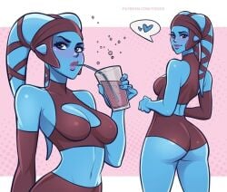 1girls aayla_secura alien ass back blue_skin curvy drinking female female_only hair_ornament heart jedi looking_at_viewer lucasfilm medium_breasts patreon_url sleeveless_shirt smile solo speech_bubble spoken_heart star_wars tentacle_hair thighs toksie twi'lek