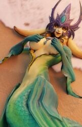 2023 3d beach black_sclera blender_(software) commission covered_breasts covered_nipples darkflash23 female hands_on_breasts league_of_legends marai mermaid monster_girl nami_(league_of_legends) orange_eyes pinup