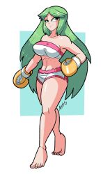 1girls alternate_costume artist_signature bare_shoulders barefoot big_breasts big_thighs blank_background boxing boxing_gloves bra cocky eyebrows_visible_through_hair female female_only gloves green_eyes green_hair half-closed_eyes kid_icarus light-skinned_female light_skin long_hair midriff netto-painter nintendo palutena shorts simple_background smile solo sports_bra sportswear straight_hair strapless_bra thick thick_hips thick_thighs toned very_long_hair wide_hips yellow_boxing_gloves yellow_gloves