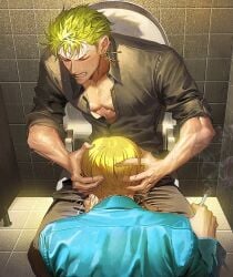 2boys bathroom bathroom_stall blonde_hair blush cigarette clenched_teeth detailed earrings fellatio gay green_hair head_grab implied_oral male male_only nori31291404 one_piece open_pants oral public_restroom roronoa_zoro sitting sleeves_rolled_up sweat toilet unbuckled_belt vinsmoke_sanji yaoi