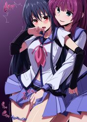 2girls angel_beats! bow breasts clothes_lift collarbone collared_shirt commission fingering fingering_through_clothes from_behind grabbing green_eyes hairband hairbow highres long_hair masturbation medium_breasts miniskirt multiple_girls nakamura_yuri neckerchief no_panties oki_kuro panties_around_one_leg pink_neckerchief pixiv_commission pleated_skirt purple_hair purple_hairband purple_sailor_collar purple_skirt pussy_juice red_eyes sailor_collar sailor_shirt shiina_(angel_beats!) shinda_sekai_sensen_uniform shirt short_sleeves skirt skirt_lift straight_hair very_long_hair white_shirt yellow_bow yuri