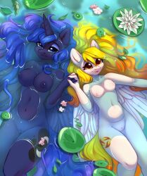 2023 alicorn alphadesu anthro breasts cutie_mark digital_media_(artwork) duo equid equine fan_character female fingers friendship_is_magic genitals hasbro hi_res horn lily_pad mammal my_little_pony nude partially_submerged pegasus plant princess_luna_(mlp) pussy water wings