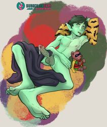 1boy anonanimeme balls barefoot beast_boy beast_boy_(dcamu) boner cum_drip dc erection eyes_closed feet garfield_logan green_hair green_skin male male_only penis sleeping solo solo_male stuffed_animal teen_titans