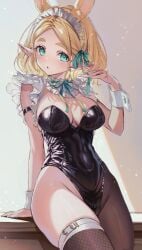 1girls animal_ears blonde_hair bodysuit breasts breath_of_the_wild bunny_ears bunnysuit cleavage female green_eyes kemonomimi latex leotard maid_headdress nintendo pointy_ears princess_zelda shiny_clothes short_hair shuri_(84k) solo stockings sweat tears_of_the_kingdom the_legend_of_zelda thighs wrist_cuffs zelda_(tears_of_the_kingdom)