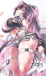 1girls arms_behind_back bangs barely_clothed belt black_hair blush blush_lines breast_squish crop_top cuff_(restraint) cuffs goddess_of_victory:_nikke huge_breasts large_ass light-skinned_female light_skin long_hair looking_at_viewer messy_hair nekoguchi pink_eyes pink_hair ponytail prison_uniform prisoner quency_(nikke) short_shorts slim_waist smile striped_legwear striped_shirt thick_thighs thigh_strap tight_clothing toned_female two_tone_hair wide_hips