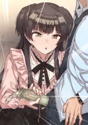 1boy black_hair black_necktie black_pants black_ribbon black_skirt blunt_bangs breasts brown_eyes censored condom condom_on_penis cum_in_condom emphasis_lines erere female frilled_sleeves frills handjob holding holding_clothes idolmaster idolmaster_shiny_colors long_hair long_sleeves mayuzumi_fuyuko medium_breasts miniskirt mosaic_censoring neck_ribbon necktie pants penis pink_nails pink_shirt ribbon shirt skirt straight sweatdrop two_side_up used_condom used_condom_on_penis watch white_shirt zipper_skirt