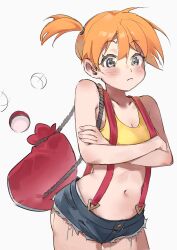 asymmetrical_hair backpack bag blue_eyes blush cowboy_shot creatures_(company) denim denim_shorts female female_focus game_freak gen_1_pokemon gym_leader hair_between_eyes hair_tie highres holding kasumi_(pokemon) looking_at_viewer nintendo orange_hair poke_ball pokemon pokemon_(anime) pokemon_(classic_anime) ponytail short_hair short_shorts shorts side_ponytail simple_background smile solo suspenders