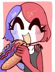 1boy 1girls bread countryhumans countryhumans_girl female food_play france_(countryhumans) happy hot_dog male red_background simple_background united_kingdom_(countryhumans) white_background