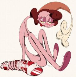 1girls anthro baroness_von_bon_bon blush breasts candy candy_cane candy_cane_insertion cuphead_(game) dildo dildo_in_pussy female female_only food_humanoid huge_dildo lipstick loodles masturbation pink_body pleasure_face post_orgasm shoes_only skinny thin_female tongue_out vaginal_juice_puddle vaginal_juices yellow_eyes