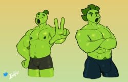 2boys big_bulge bottomwear boxers buff bulge bulge_through_clothing color duo duo_focus highres looking_at_viewer male male_focus male_only muscles muscular muscular_male peashooter_(pvz) plantie plants plants_vs_zombies repeater_(pvz) topless underwear