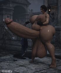 3d 3d_(artwork) belly bottom_heavy fondling_breast futanari hyper hyper_ass hyper_balls hyper_breasts hyper_penis jill_valentine leaking leaking_precum renrenrew resident_evil solo_futa tongue_out