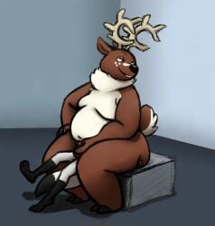 2018 anthro antlers avus_(raster_dreams) belly big_belly brown_body brown_fur butt_crush canid canine deer duo facesitting fox fur genitals hand_on_butt hand_on_penis hi_res horn male male/male mammal narrowed_eyes penis raised_tail raster_dreams sitting sitting_on_another size_difference tail white_belly white_body white_fur