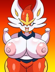 absurd_res anthro areola big_areola big_breasts big_nipples blush breasts buckteeth camel_toe cinderace clothed clothing female glistening glistening_breasts gradient_background hi_res huge_breasts lagomorph leporid looking_at_viewer mammal navel nintendo nipples open_mouth open_smile orange_background pink_areola pink_nipples pokemon pokemon_(species) portrait prinnydood rabbit simple_background smile solo teeth thick_thighs three-quarter_portrait topless wide_hips yellow_background