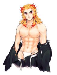 1boy abs demon_slayer demon_slayer_uniform forked_eyebrows japanese_clothes kimetsu_no_yaiba male_focus male_underwear mamimume_momo multicolored_hair muscular_male navel nipples orange_hair red_eyes red_hair rengoku_kyoujurou solo solo_male stomach topless_male two-tone_hair underwear undressing