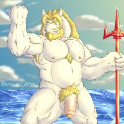 absurd_res anthro anthro_only asgore_dreemurr belly genitals hi_res himbo male male_only maxito_arts nude pecs penis solo solo_male trident undertale_(series) weapon